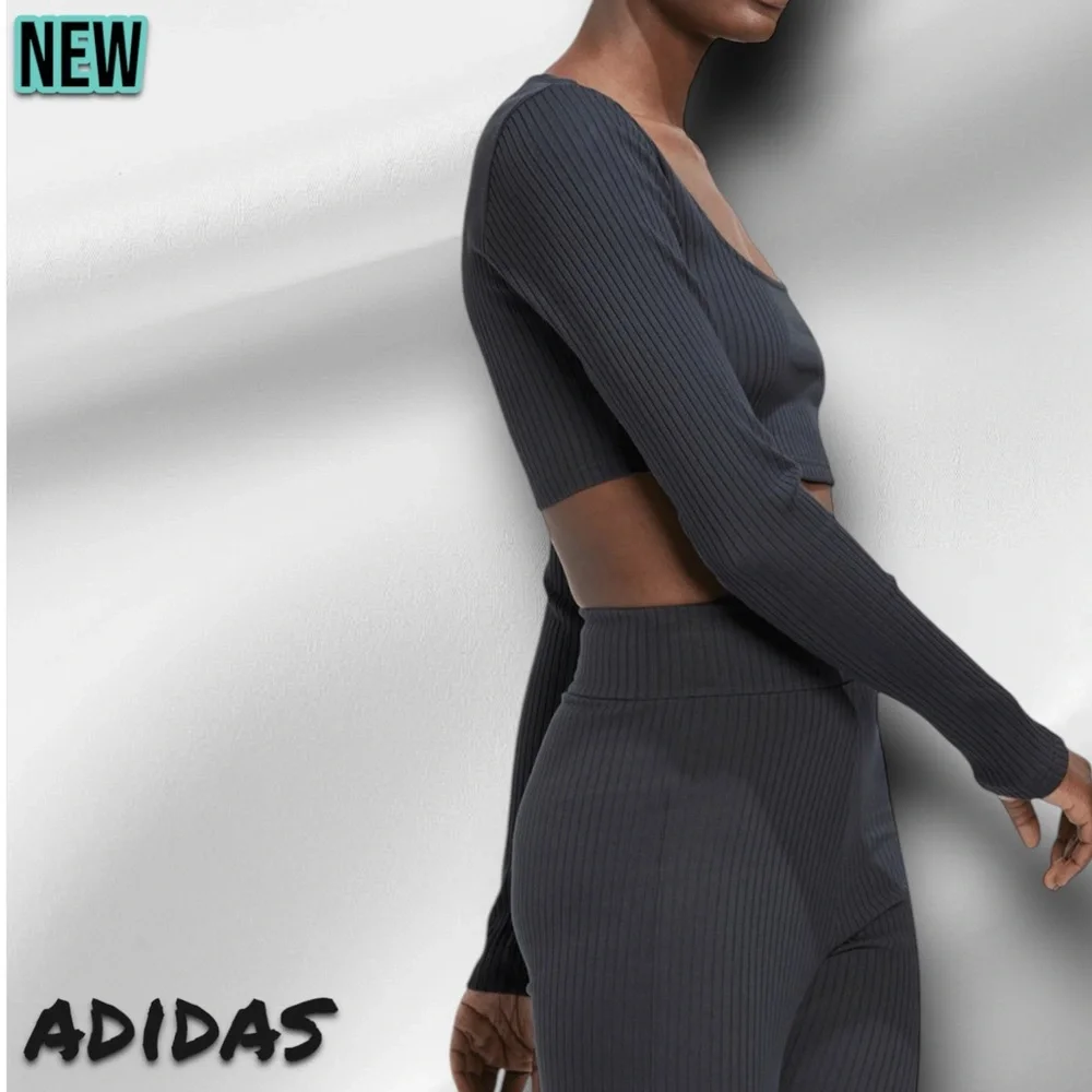 🔴New NWT adidas Women’s Studio Rib Long Sleeve Crop op Carbon - Large - Picture 6 of 7